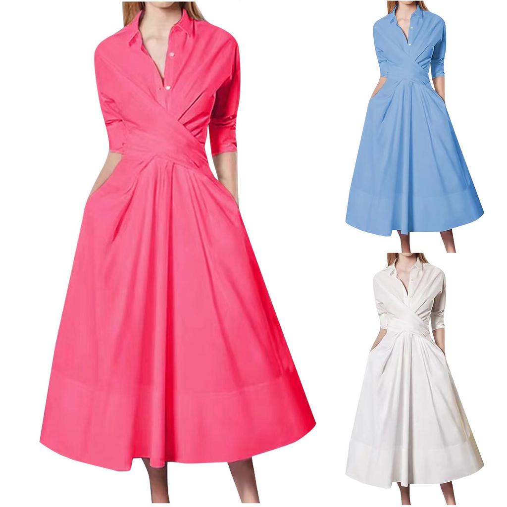 Women's High Waisted Slim Tie Up POLO Collar Temperament Commuting Solid Color Dress
