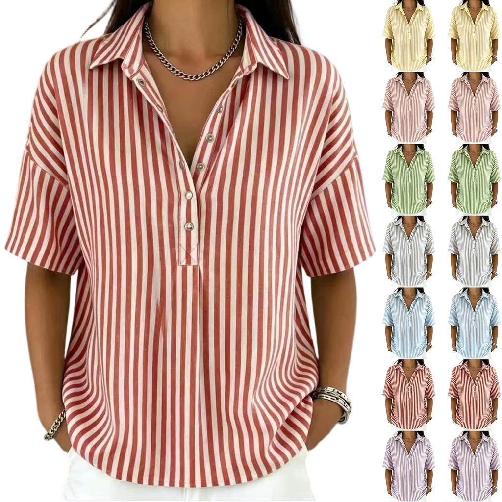 Women Striped Collared Button Down Short Sleeve Loose Fit Casual Top Lightweight Blouse for Everyday Wear Office School Travel
