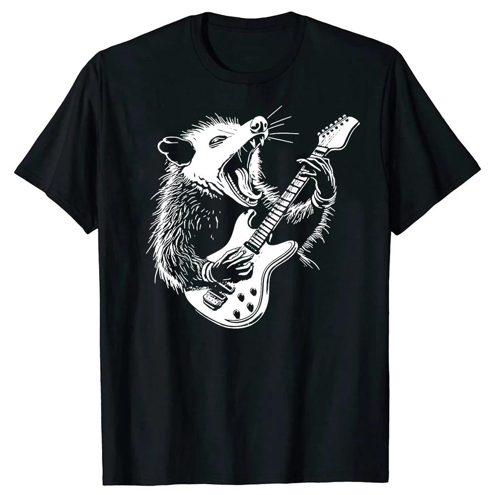 Possum Playing Electric Guitar Animal Music T Shirts Summer Raccoon Rat Cotton Streetwear Birthday Gifts T-shirt Men