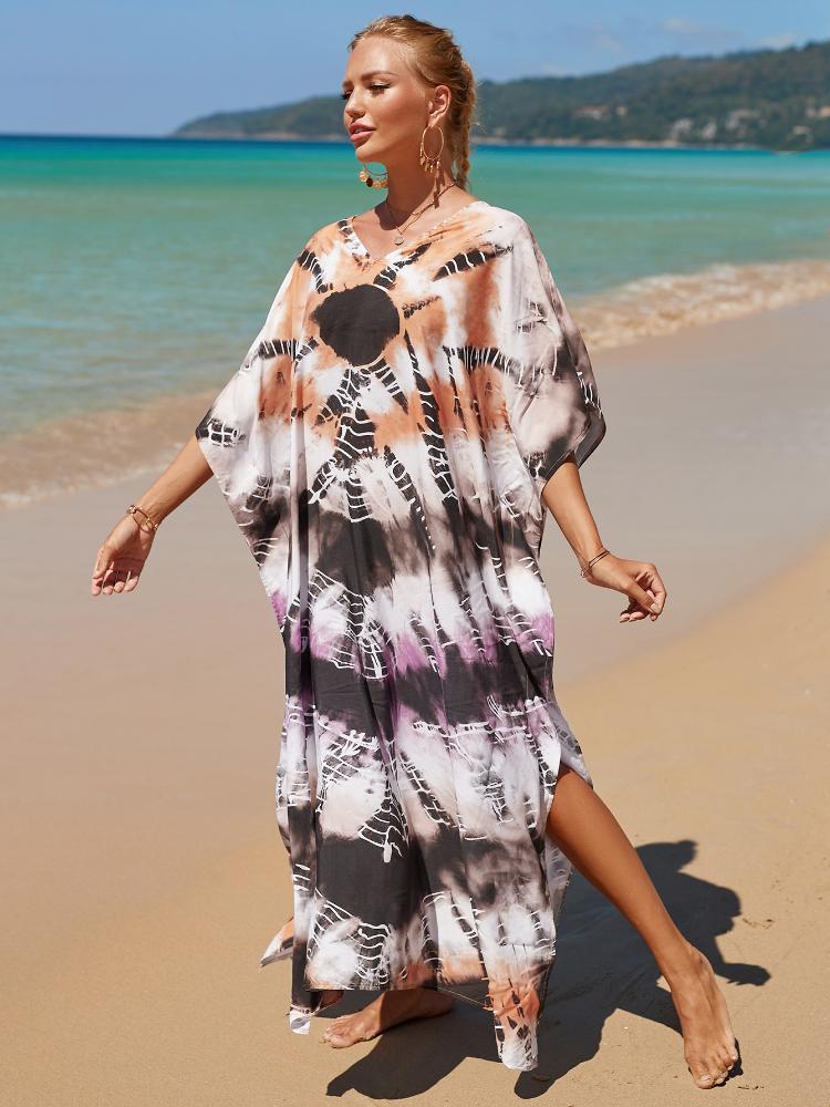 

EDOLYNSA Разноцветный кафтан с богемным принтом и v-образным вырезом, рукавами «летучая мышь», женское платье макси, пляжная одежда, платье макси с половиной рукавом, халат One Size взлёта бронзовый