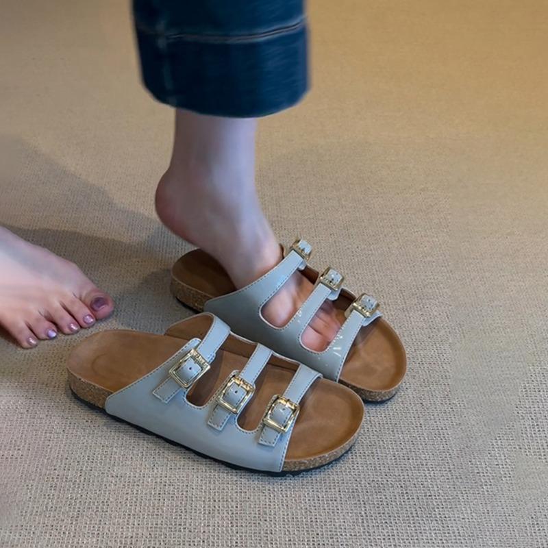 Sheepskin~ Soft-soled slippers women's summer retro belt buckle leather thick-soled women's versatile outer wear cool slippers