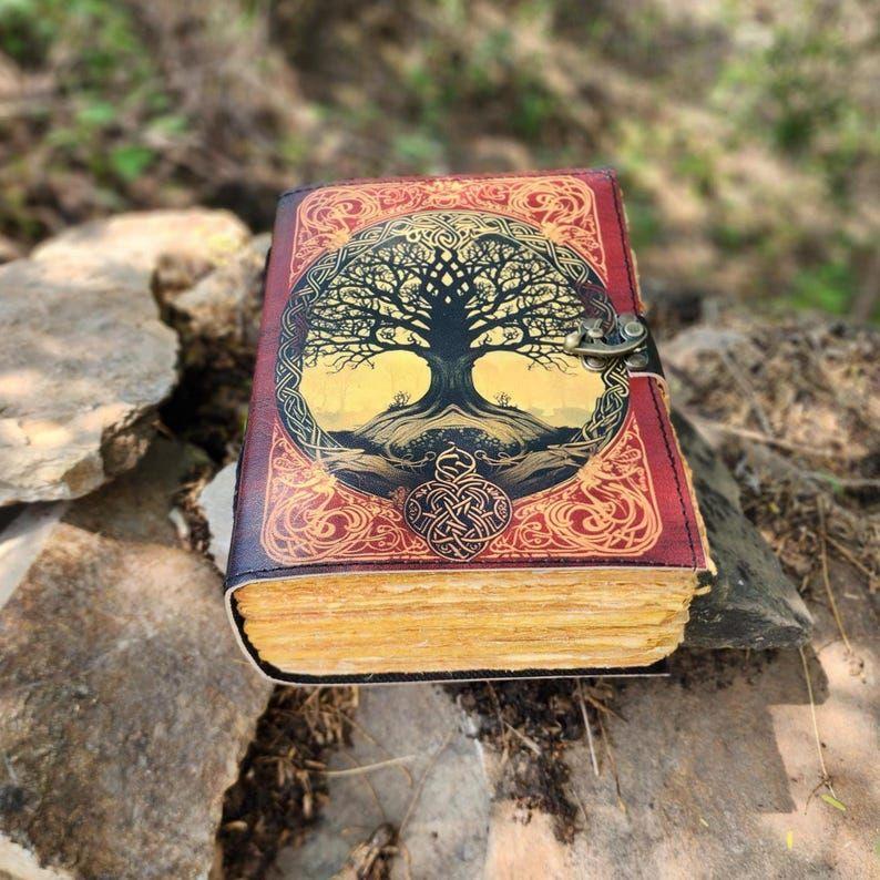 Grimoire Leather Journal, Tree Printed Leather Cover, Blank Spellbook Of Shadows, Sketchbook. Wedding Guest Book