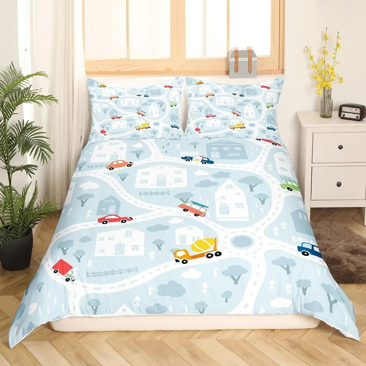 

Пододеяльник с изображением мультяшной машинки, детский комплект постельного белья с изображением дорожной карты города и транспорта для декора детской комнаты для мальчиков, покрывало с изображением машинки и геометрическими линиями 70x133cm 2pcs