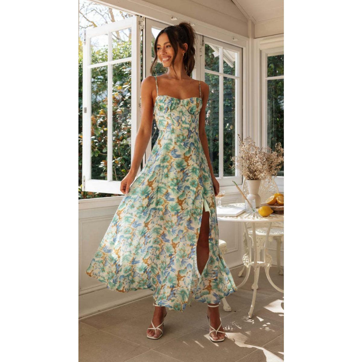 Women s Square Neck Sleeveless Floral Print A Line Midi Dress Backless Slit Casual Long Dress S зелёный