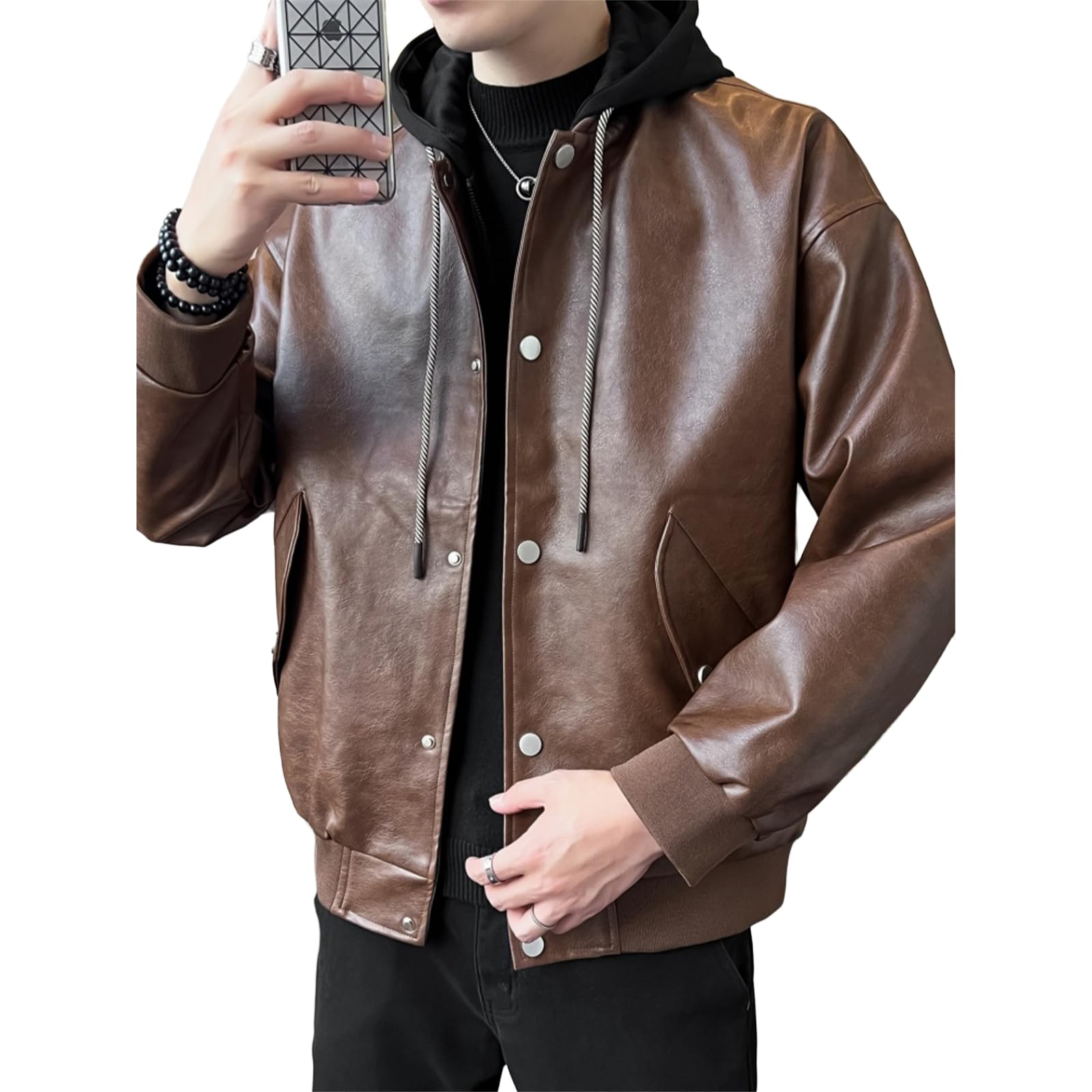 

Кожаная куртка Kayiyasu Biker с капюшоном для холодной погоды и повседневной моды, мужская куртка, куртка, пальто, парка, размер, ветрозащитная, мотоциклетная, весна, осень, кофейный