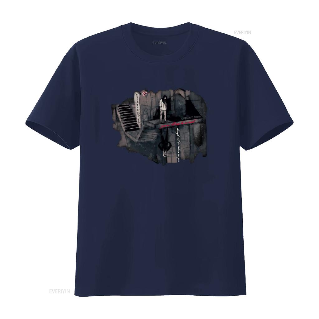 Dark Gothic Sketch Piano Stair Mirror Figure Print Streetwear Casual T Shirt vintage Washed designer clothes Versatile homme