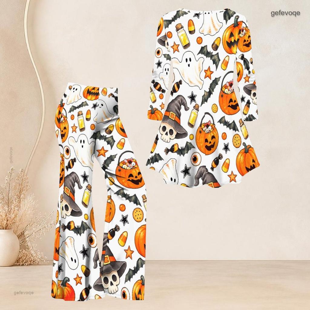 Women Plus Size Halloween Dachshund Printed V Neck Three Quarter Sleeve Flared Top Flared Pants Two Piece Set