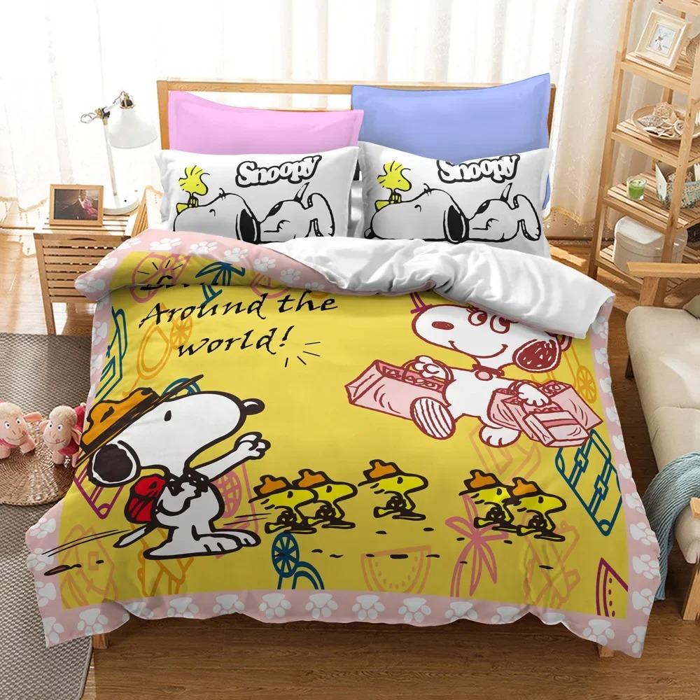 Snoopy Children's Microfibre Duvet Covers 3-Piece for Teenagers Adult Duvet Cover Cartoon Comics Bedding with Zip Gift Cover