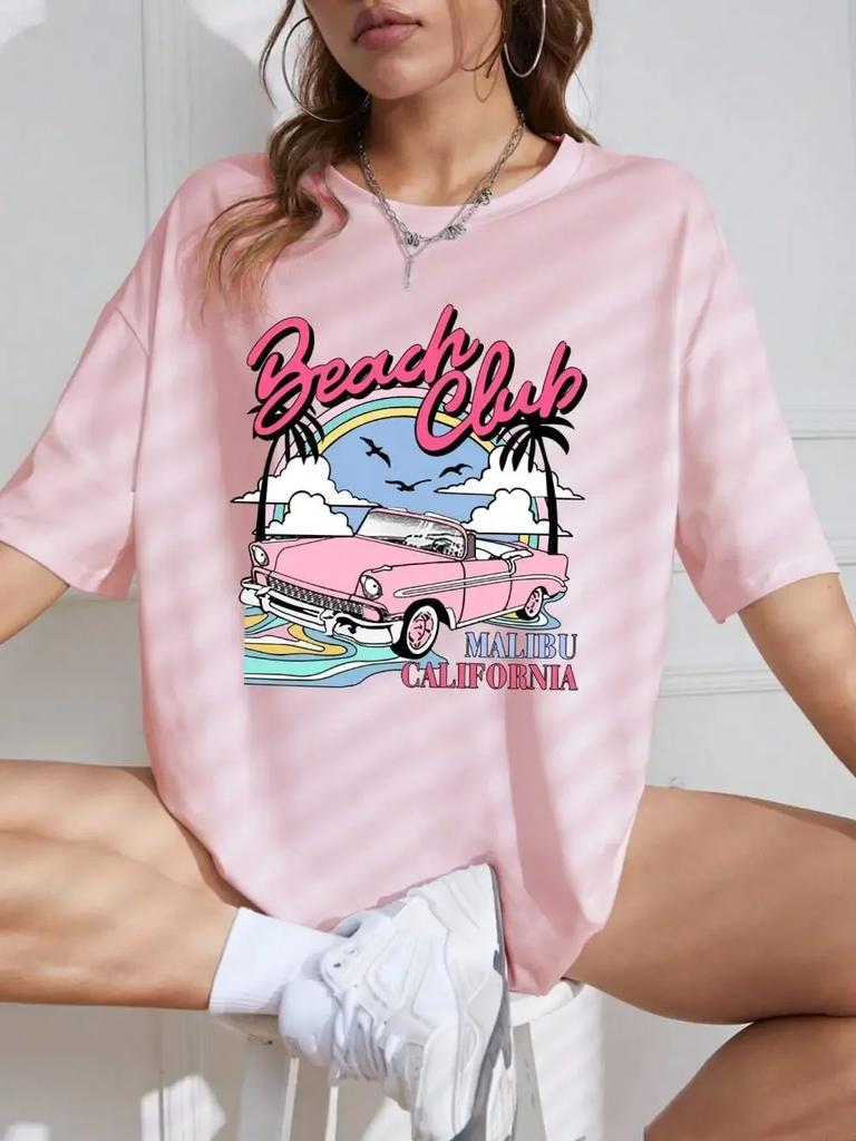 Summer Fashion T-shirt for Women Beach Club Printing Tees Shirts Comfortable O-Neck Oversize Short Sleeve Street Clothes