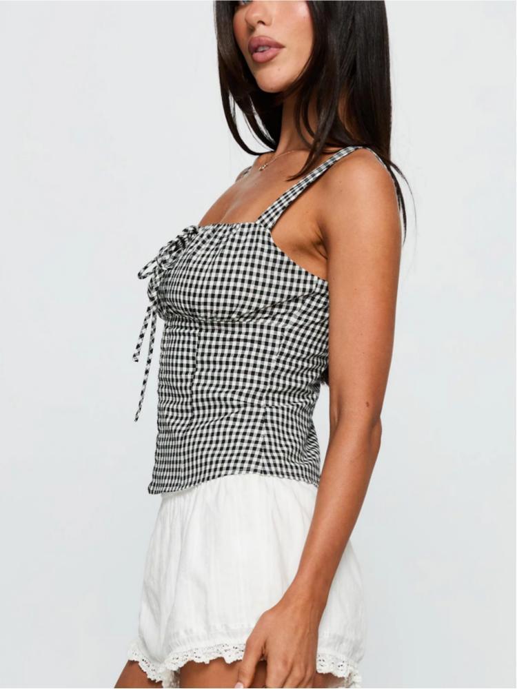 2025 Sweet & Spicy Slim-Fit Spaghetti Strap Plaid Elastic Top - European & American Summer Style