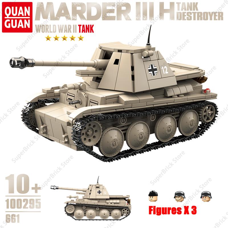 QuanGuan 661PCS World War II Military Marder III H Tank Destroyer Model Building Blocks Set  Classic Armored Vehicle Bricks Toys