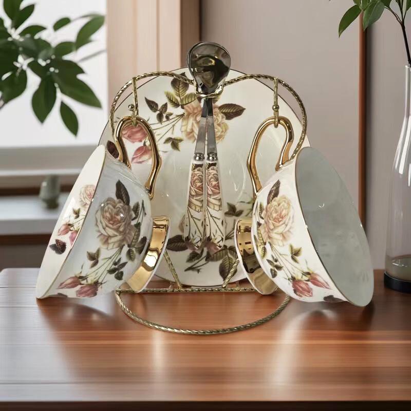 

White Rose Gilded Ceramic Coffee Cup & Saucer Set