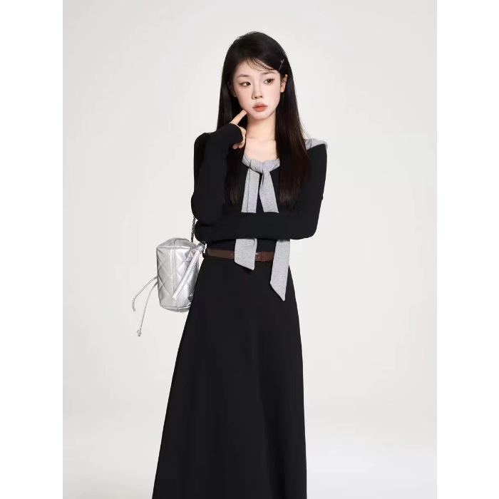 

[With belt] Black dress women s autumn dress new Korean version of Hepburn style waist and thin temperament long dress S чёрный