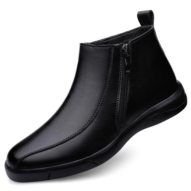 Men's Genuine Leather High-Top Zipper Ankle Boots with Velvet Lining – Warm, Casual, Cotton, Slip-On, Autumn/Winter.