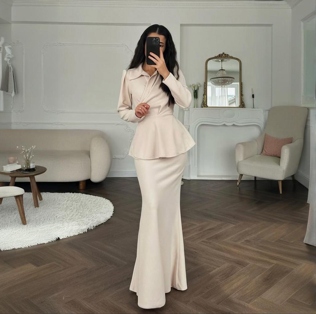 2025 cross-border European and American autumn new lapel temperament commuter top waist hip wrap one step skirt women's clothing