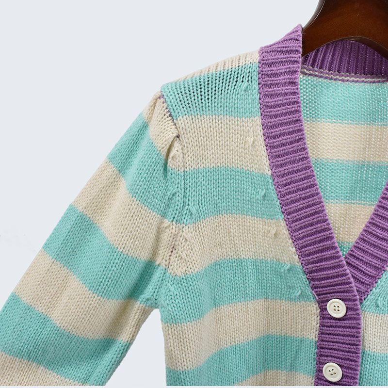 Spring and Autumn V Neck Short Color Stitching Bubble Long Sleeve Single-Breasted Cardigan Outwear Knitting Sweaters Women's Clothing