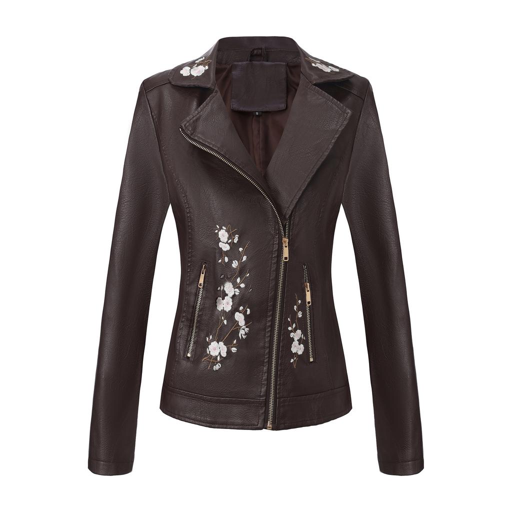 Embroidered Leather Jacket with Diagonal Zipper, Long Sleeved Spring and Autumn Jacket, European Women's Motorcycle Jacket
