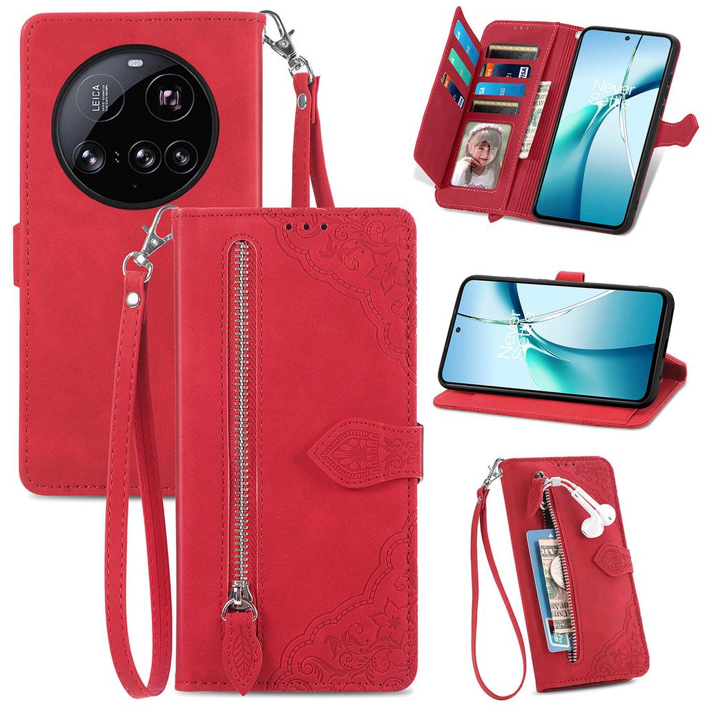 For Xiaomi 15 Ultra Zipper Wallet Case with Strap Flower Imprint PU Leather Phone Cover