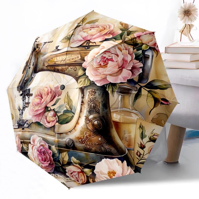Vintage Sewing Machine Floral Art Automatic Umbrella Compact 8-Rib Design Lightweight All Season Travel Outdoor Accessory Perfect Gift for Women Men