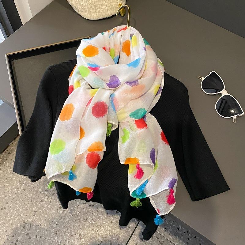 Spain Luxury Fashion Floral Dot Tassel Viscose Shawl Scarf High Quality Wrap Thin Pashmina Stole Bufandas Muslim Hijab 180*90Cm