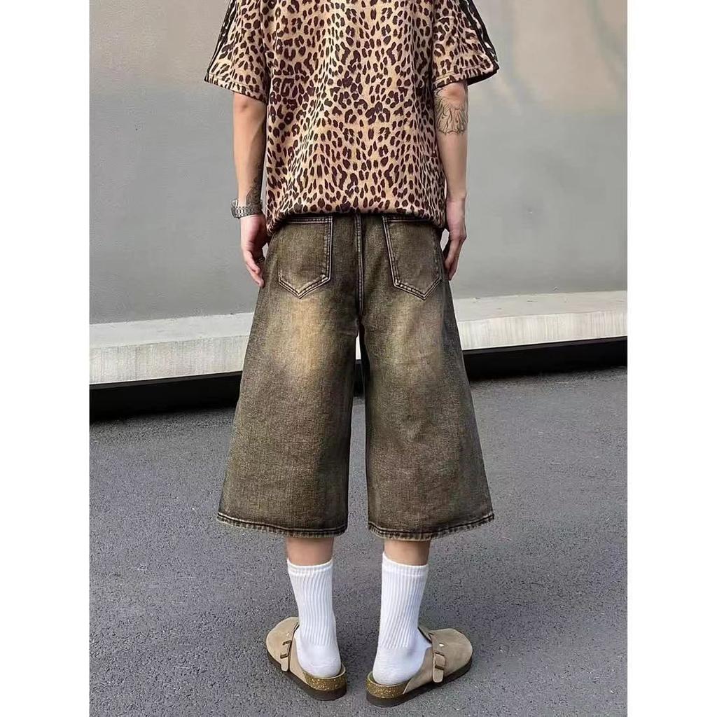 Retro Cropped Men Wide Leg Jeans Gothic Washed Loose Straight Casual Couple Shorts Sweatpants