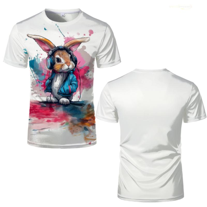 Hip-Hop Bunny Graphic Tee - Urban Streetwear Rabbit with Headphones, Splash Art Design, Soft Polyester, Men's T-Shirt S-XXL