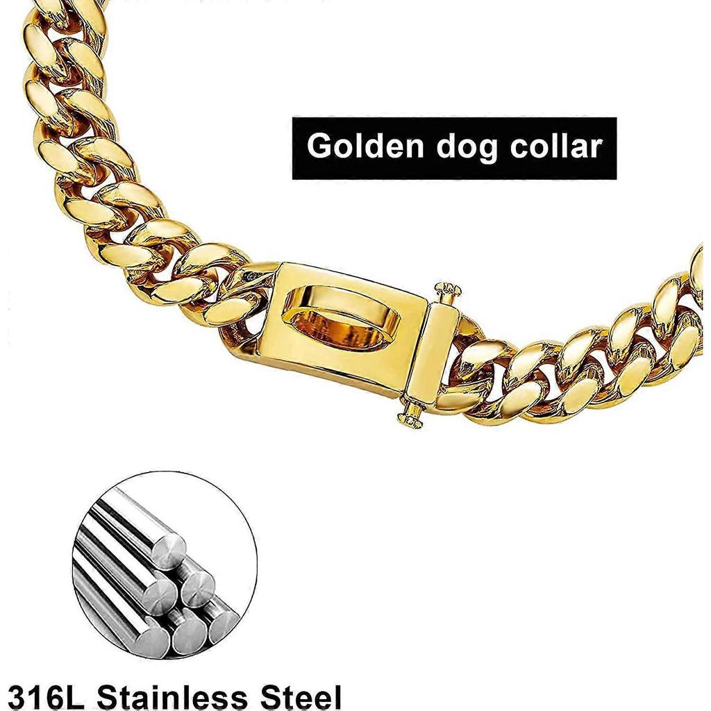 Gold Dog Collar with Safety Buckle, Heavy Duty Chewable Stainless Steel Link Collar (Gold, 20")