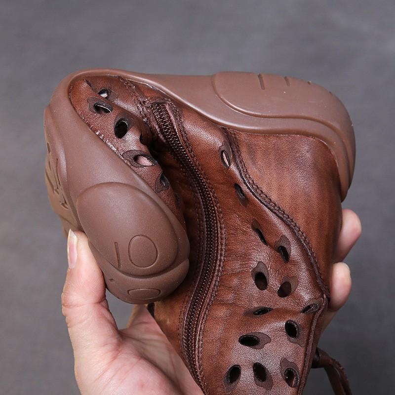 Johnature Ethnic Style Summer Boots Retro Genuine Leather Hollow-out Soft Sole Breathable Women's Shoes