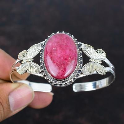 Rhodonite Gemstone Cuff Bracelet 925 Sterling Silver Adjustable Bangle 18k Gold Plated Cuff Bracelet Handmade Butterfly Jewelry Gift for Her