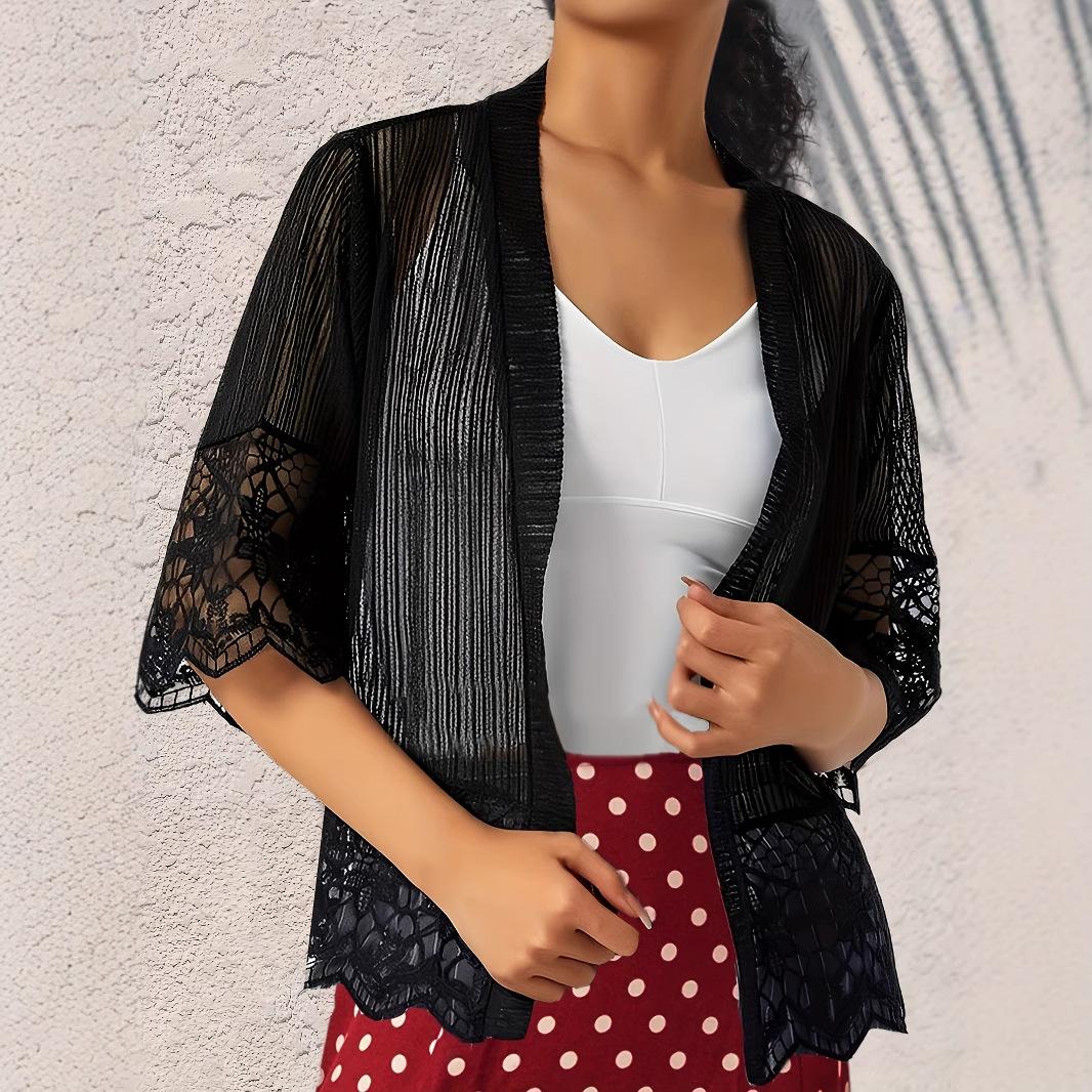 

Новый кардиган средней длины на весну и лето с рукавами три четверти, кружевом и солнцезащитной шалью для женщин, куртка для кондиционированного воздуха XL чёрный