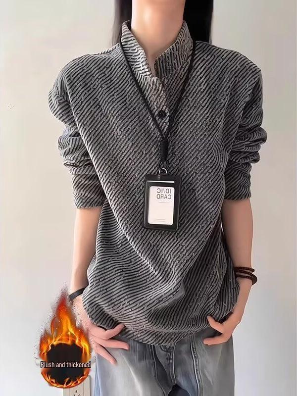 Men's Retro Plus Velvet Velour Hoodie - Autumn/Winter Henley Style, Clean Fit Twill Base Layer