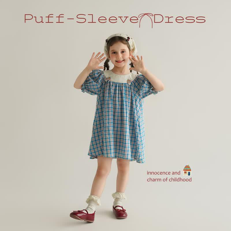 Girls' Retro Plaid Puff Sleeve French Princess Dress