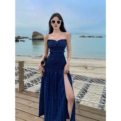 Blue Plaid Tube Top Dress Women's Summer Travel Vacation Sexy Split Long Dress Beautiful Small Skirt Seaside Skirt