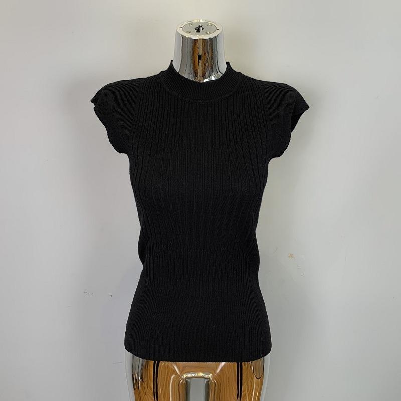 Elegant Semi-turtleneck Sleeveless Knitted Vest T-shirt Top Women Slim Fit Thin Sexy Solid Color Casual Simple Tshirts Ladies Tops Female Clothes 2969