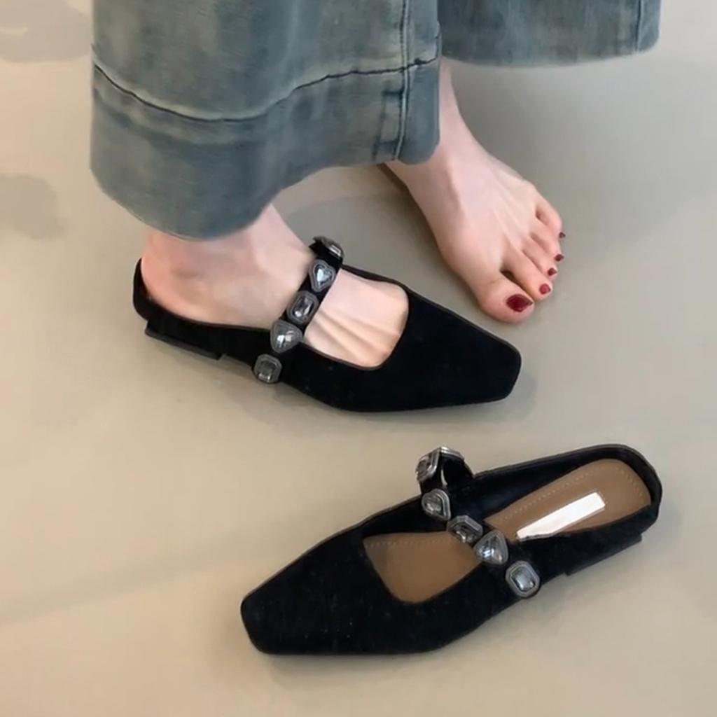 Sheepskin version~ Low-heeled square head half slippers women's diamond one-word leather bag head shoes elegant temperament women's shoes