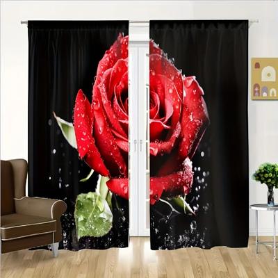 2Panel Red Rose Floral Print Curtains for Bedroom Living Room Floor-to-ceiling Window Kitchen Shutters Window Grommet Top