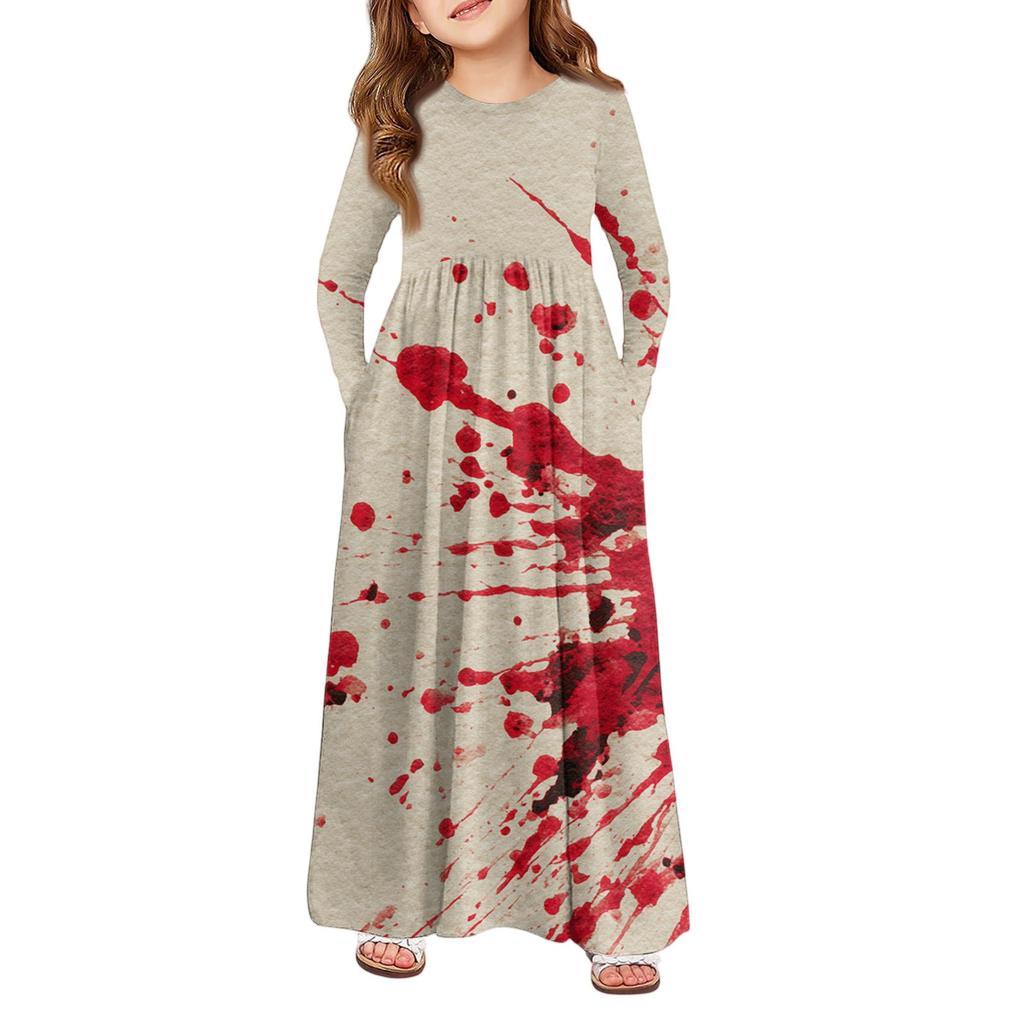 Mädchen Maxi Kleid Halloween Tag- Langarm Taschenkleid