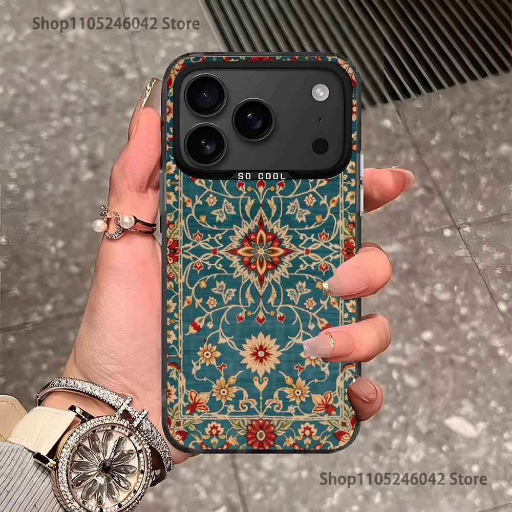 Persian Carpet Floral Pattern Black Matte Shockproof CoverPhone Case For iPhone 17,16,15,14,13,12,11,Pro,XS,Max,Plus,Mini,SE4,E
