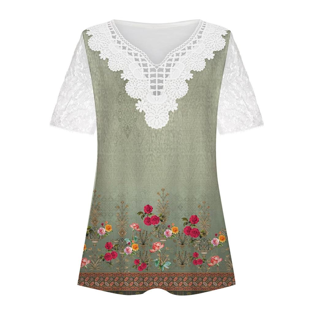 Women's Fashion Casual Lace Sleeve V-Neck Lace Trim Printed Short Sleeve Tops