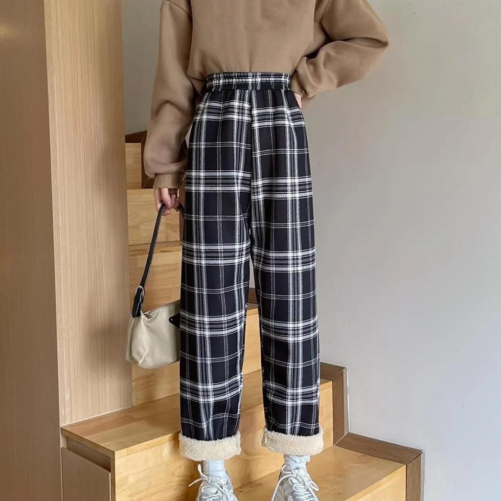 Women's Winter Casual Cashmere Plaid Slim Pants Female Plush Thickened Versatile Loose High Waist Wide Leg Pants