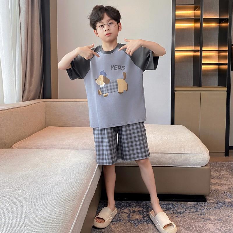 Boys Cotton Pajama Set Short Sleeve Cartoon Print Lightweight Sleepwear Kids Teens