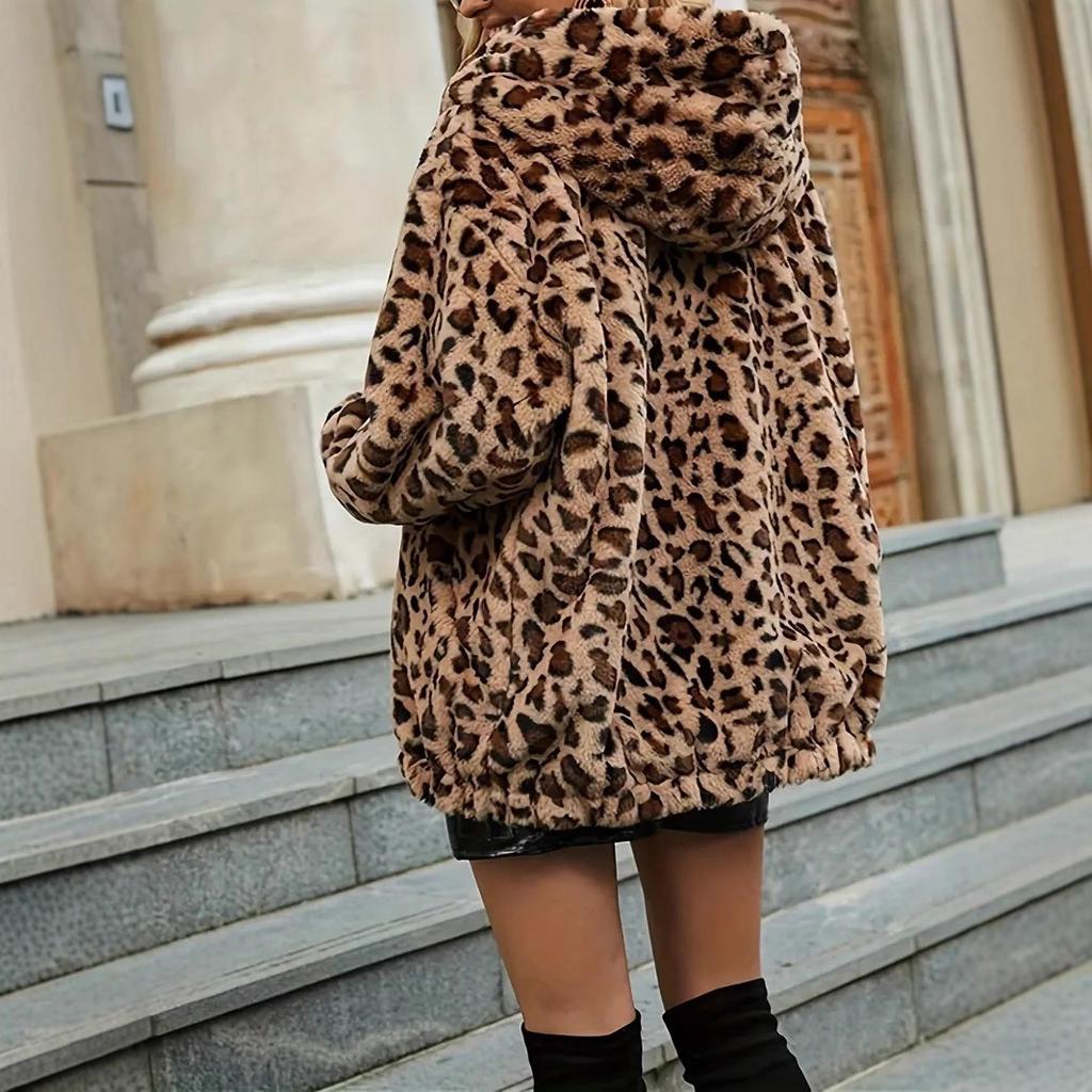 JKASHDK Women's Fashion Casual Leopard Print Autumn Winter Long Sleeve Hooded Jackets & Coats