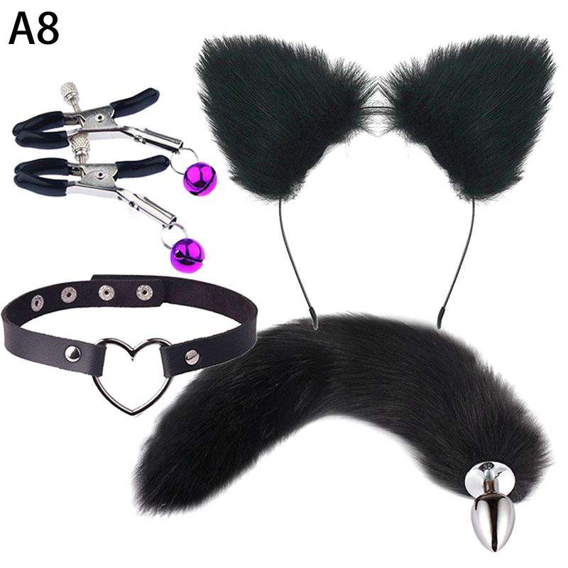 4Pcs Set Cute Fox Butt Tail Collar Anal Plug Nipple Clamp Soft Cat Ears Headbands Cosplay Adult Sex Toys Accessories