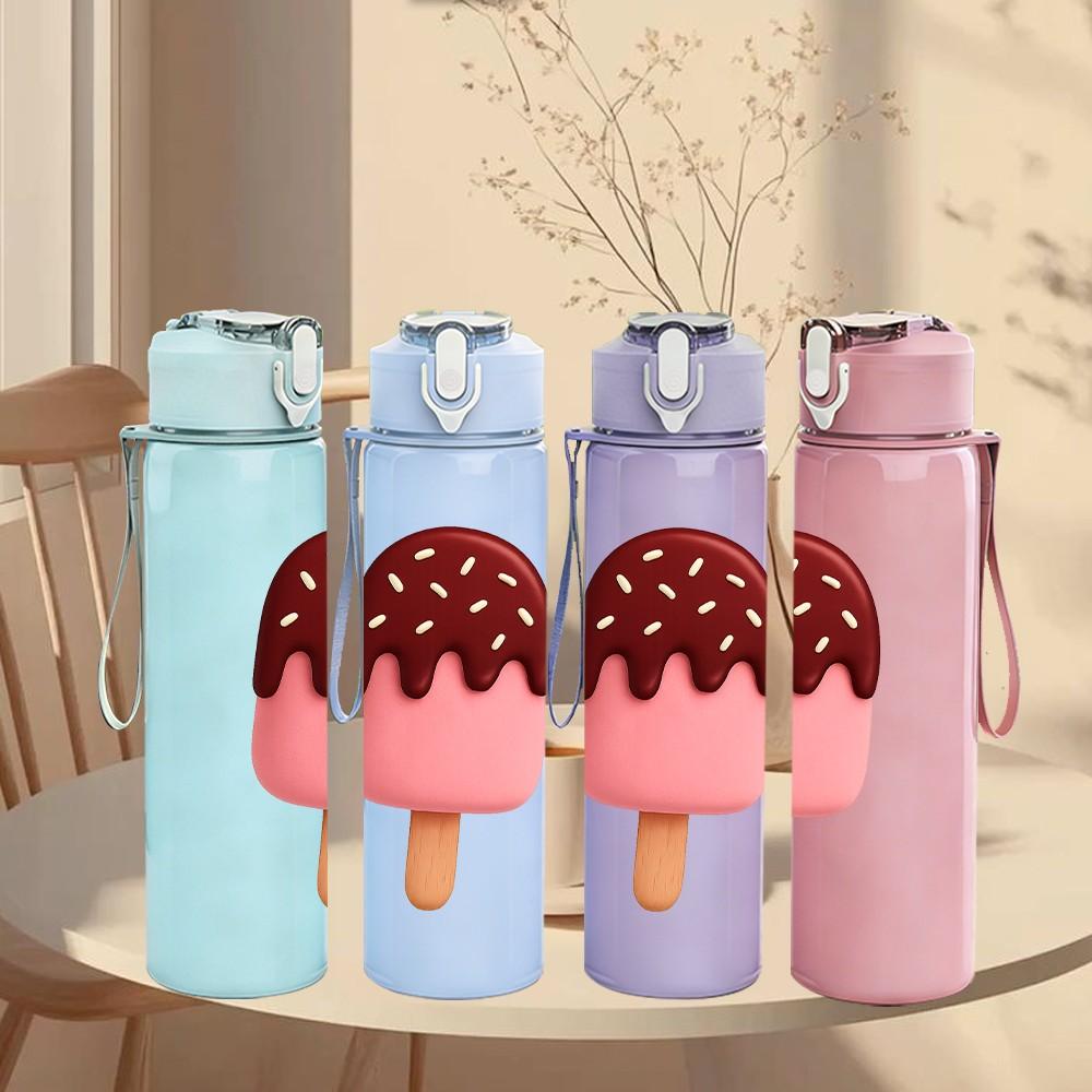 1PC Pink Brown Ice Cream Cartoon Print 750ml Color Plastic Sports Water Bottle Leakproof Flip Straw Lid Suitable for Sports Office Home Use