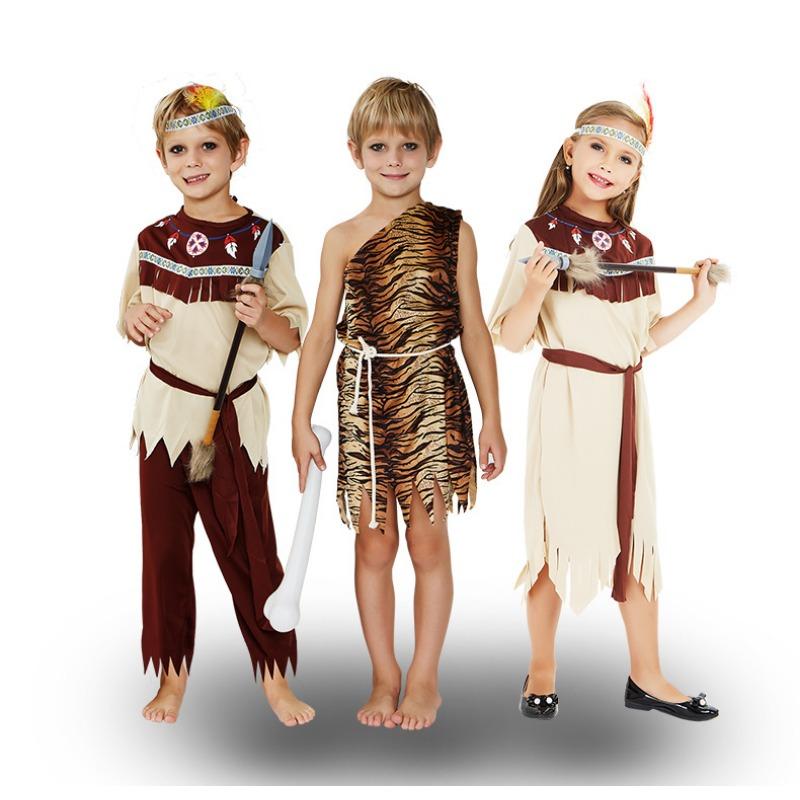 Halloween children's costumes primitive society people, boy Indians stage performance