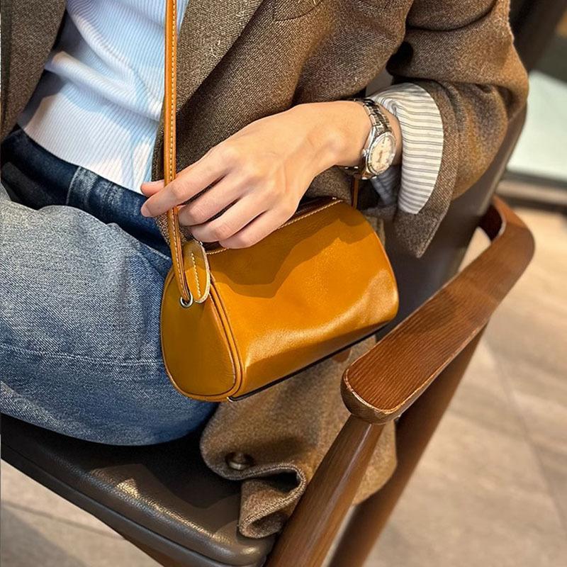 Cylinder Bag Genuine Leather Mini Bag for Mobile Phone Soft Leather Shoulder Bag All Crossbody Bag