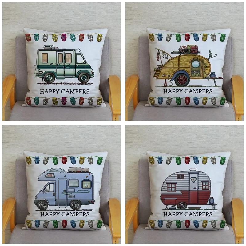 45X45Cm Happy Campers Owl Motorhome Print Pillow Case Soft Polyester Sofa Car Seat/Back Cushion Cover For Home Decor Pillowcases