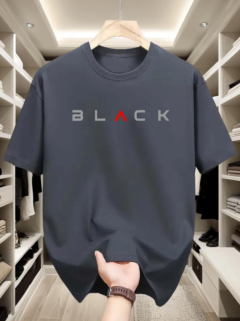 Spring and Summer Mens Clothing Cotton Fashion Casual Loose Black Letter Pattern Printed Round Neck Short Sleeved Tshirt Top