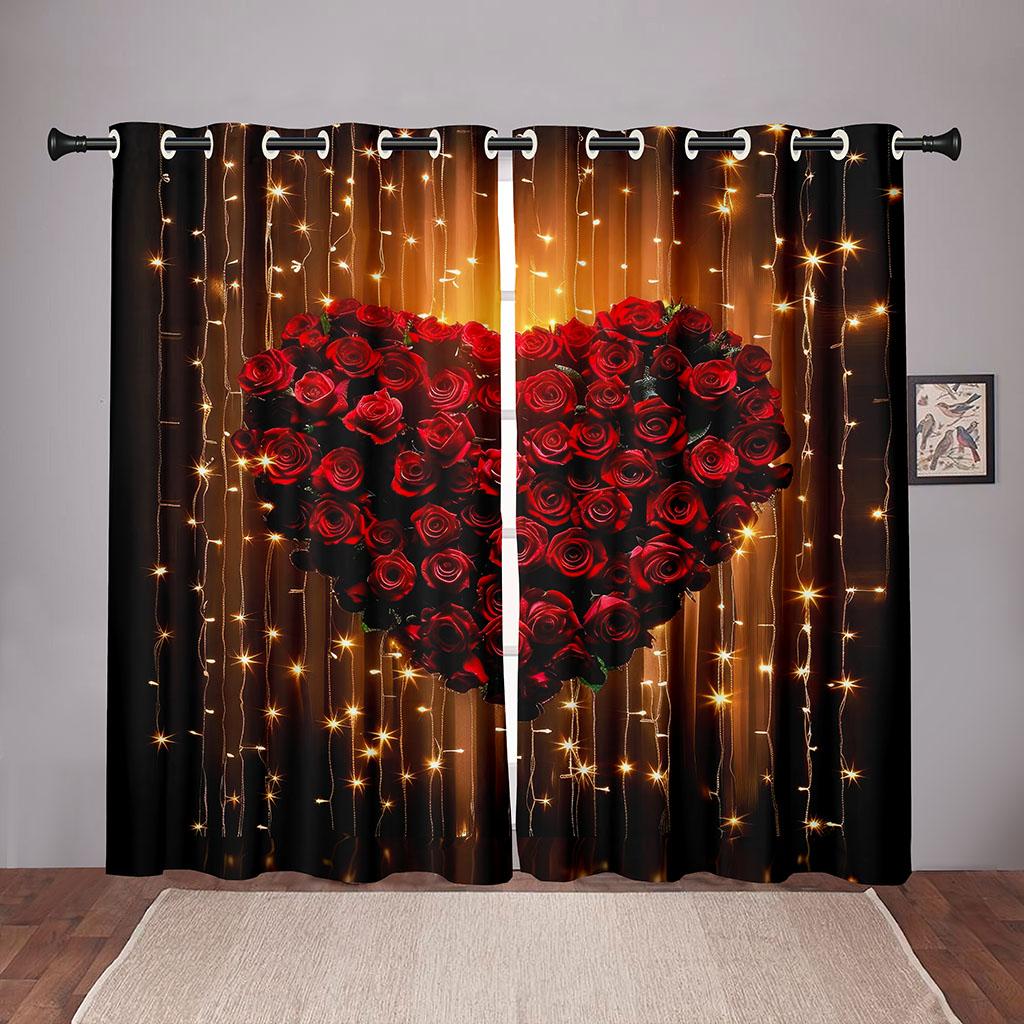 2-delt rose kjærlighet hjerte gardin valentinsdag tema rød romantisk blomster gull stjernelys stue soverom vindusdekor