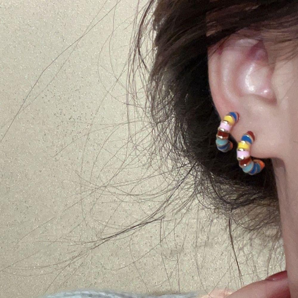 Semicircle Sweet Women Stud Earrings Enamel Oil Jewelry Hoop Ear Buckle Korean Style Earrings